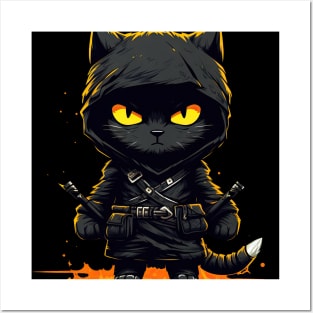 Ninja Cat Strikes: Black & Yellow Cartoon Art Fury! Posters and Art